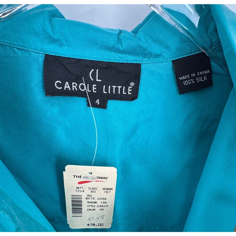 VTG Carole Little blouse 4 100% silk button front teal camp 90's deadstock NEW - Picture 6 of 6